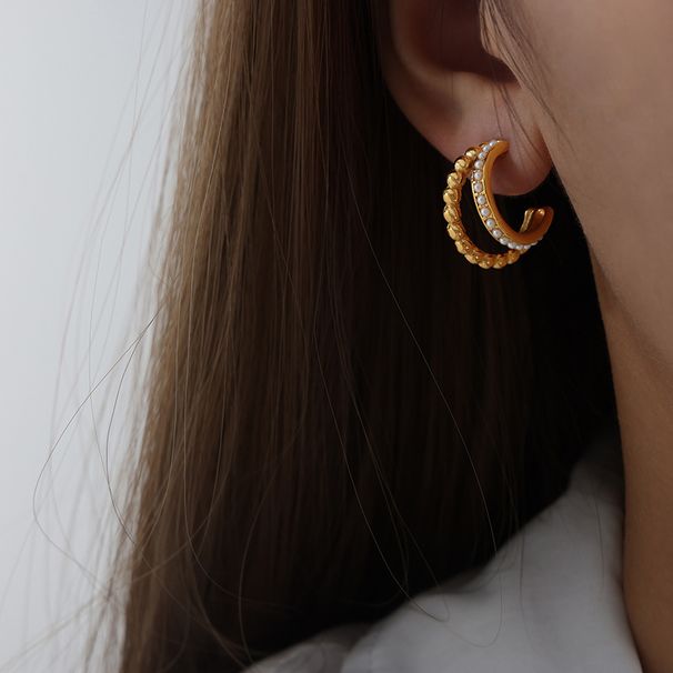 Double Hoop Earrings Titanium Steel Cubic Zirconia & Wave Design Hypoallergenic Lightweight Jewelry For Women_ipsvogv.com