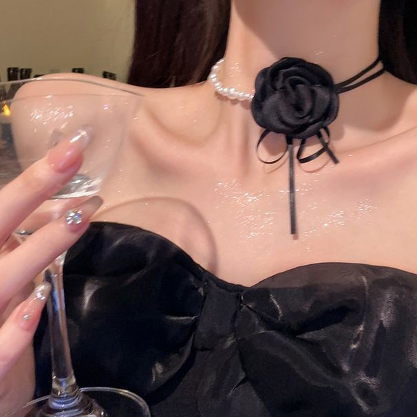 New Camellia Bowknot Choker Ribbon Pearl Spliced Necklace Exquisite Collarbone Chain Accessory Trend_ipsvogv.com