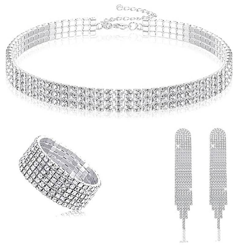 4Pcs/Set Ladies Fashion Shiny Rhinestone Choker Necklace Tassel Earrings Elastic Bracelet Party Clutch_ipsvogv.com