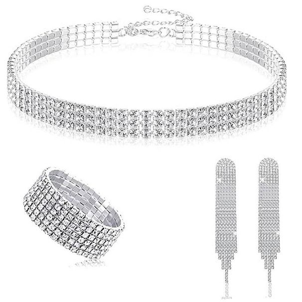 4Pcs/Set Ladies Fashion Shiny Rhinestone Choker Necklace Tassel Earrings Elastic Bracelet Party Clutch_ipsvogv.com