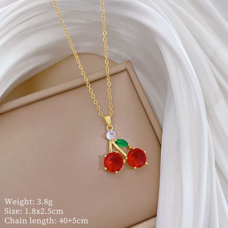 【 Titanium Steel 】 Fruit Red Cherry Light Luxury Temperament Gorgeous Full Diamond Necklace Women's Versatile Collarbone_ipsvogv.com
