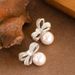 Sweet And Fragrant Style With Diamond Studded Sparkling Zircon Bow, Pearl Earrings, Feminine Charm, Versatile Silver_ipsvogv.com