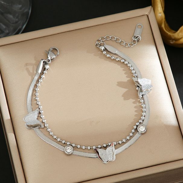 Hot Selling Titanium Steel Women's Light Luxury Personalized Double-layer Butterfly Frosted Bracelet, Snake Bone Chain,_ipsvogv.com