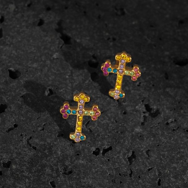 Real Gold Electroplated Titanium Steel Retro Star Zircon Cross Earrings_ipsvogv.com