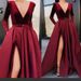 Women's Clothing wine red deep V sexy dress long sleeve slit dress big swing skirt bridesmaid dress_ipsvogv.com