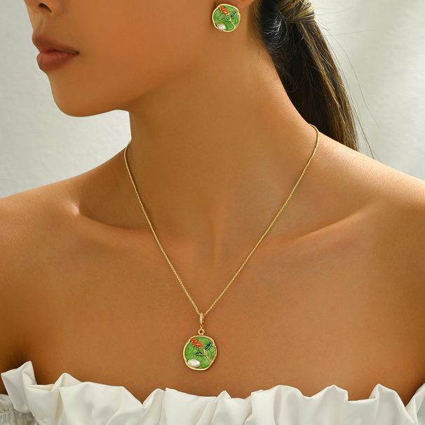 Subtle rural style flower necklace earring set, female personality, drip oil inlaid with pearls, niche design, versatile_ipsvogv.com