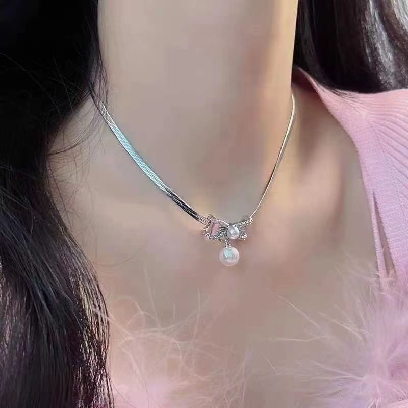 Zircon Hollow Bow, Water Droplet Necklace, Earring Set, Sparkling Diamond, Light Luxury, High-end Clavicle, Fashionable_ipsvogv.com