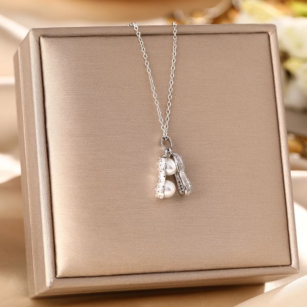 Korean Version Titanium Steel Necklace For Women, Niche, Micro Inlaid, High-end Pearl Peanut Pendant, Light Luxury_ipsvogv.com