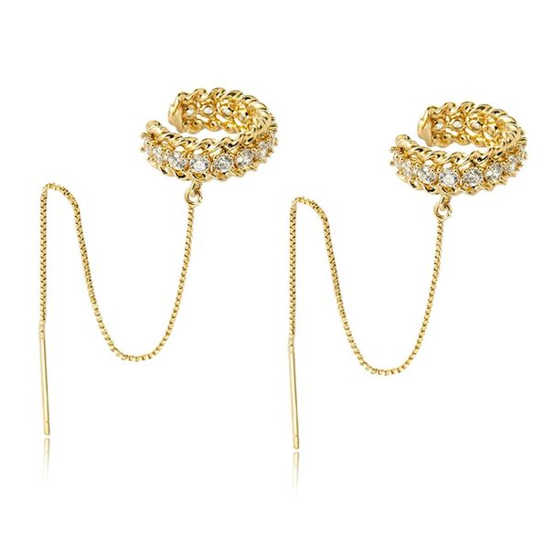 Unisex Hot Sales Real Gold Brass Electroplating Inlaid Zircon Ear Bone Clip Long Chain Ear Wire Ladies Elegant Earrings_ipsvogv.com