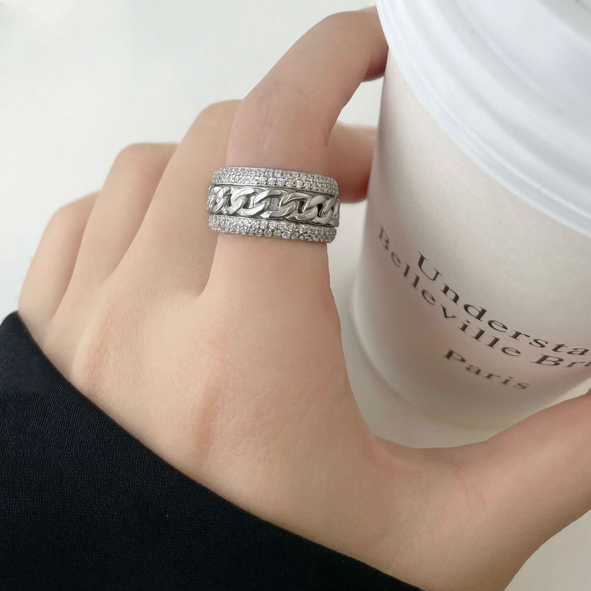 S Sterling Silver Cuban Chain Ring With Rotatable Pendant Full Of Diamonds, Luxurious Sophisticated Temperament, Light_ipsvogv.com