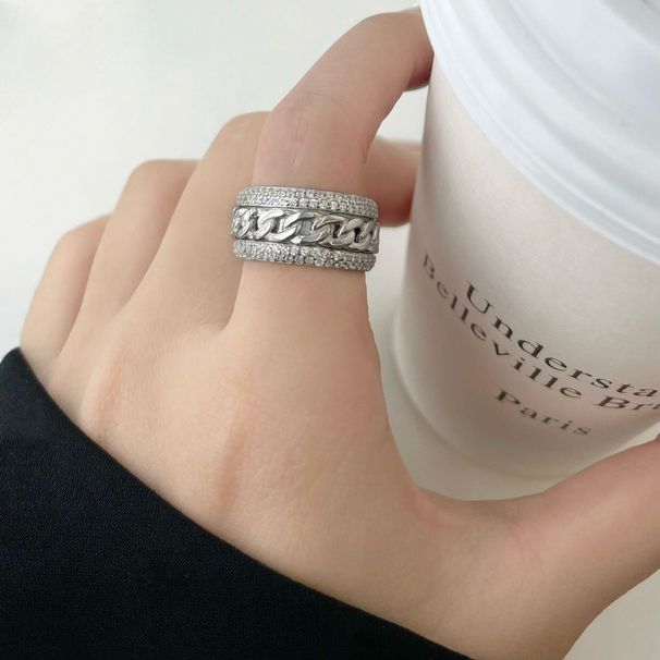 S Sterling Silver Cuban Chain Ring With Rotatable Pendant Full Of Diamonds, Luxurious Sophisticated Temperament, Light_ipsvogv.com