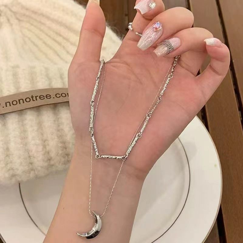 Sweet, Cool, Cold Wind, Double Layer Moon Necklace, Light Luxury, High End, Small And Unique, Clavicle Spicy Girl,_ipsvogv.com