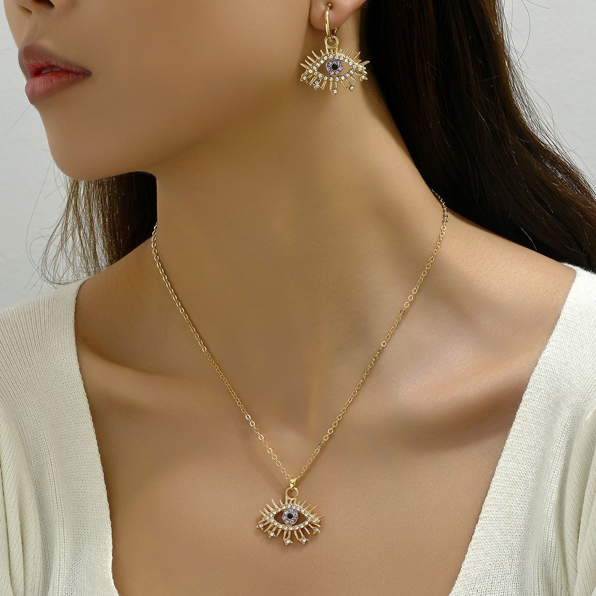 Angel Eye Hip Hop Jewelry Set - Diamond Accent Earrings & Long Clavicle Chain Necklace For Women, Trendy Streetwear Accessories_ipsvogv.com