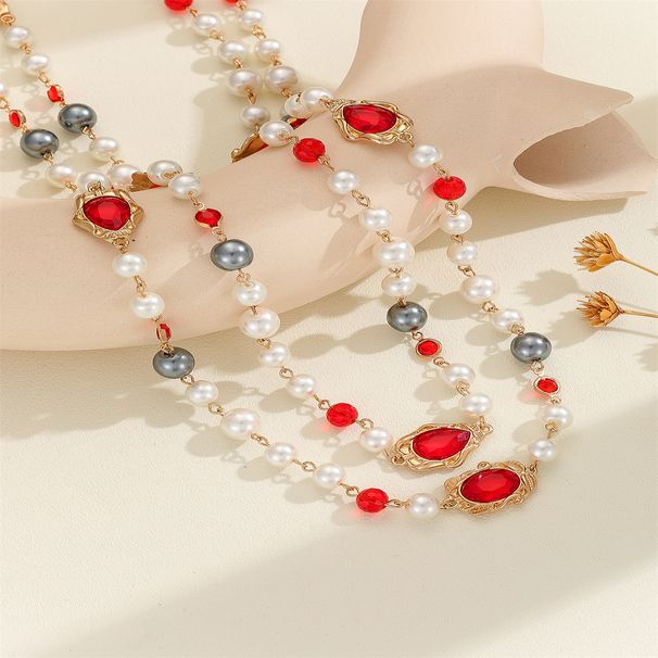 Bohemian Fashion Long Pearl Necklace With Teardrop Shaped Rhinestone Jewelry_ipsvogv.com