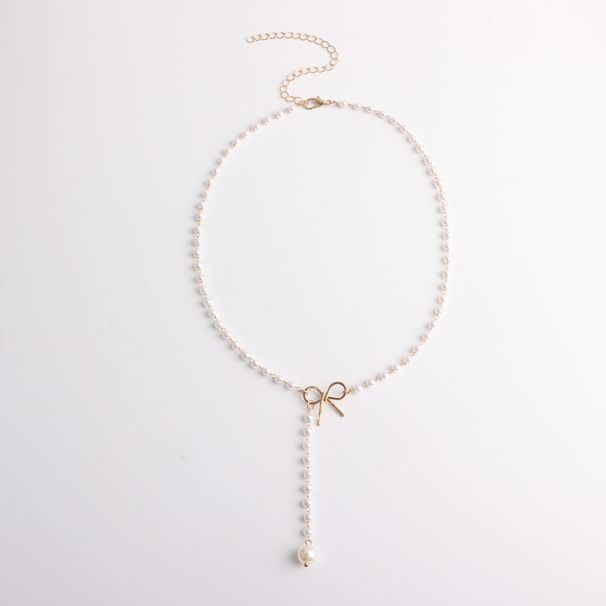 Alloy Bow Pearl Fringed Pendant Necklace, Women's Simple Temperament Popular Necklace_ipsvogv.com
