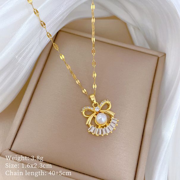 【 Titanium Steel 】 Necklace Earring Light Luxury Full Diamond Pearl Bow Personalized Temperament Banquet Earrings Set_ipsvogv.com
