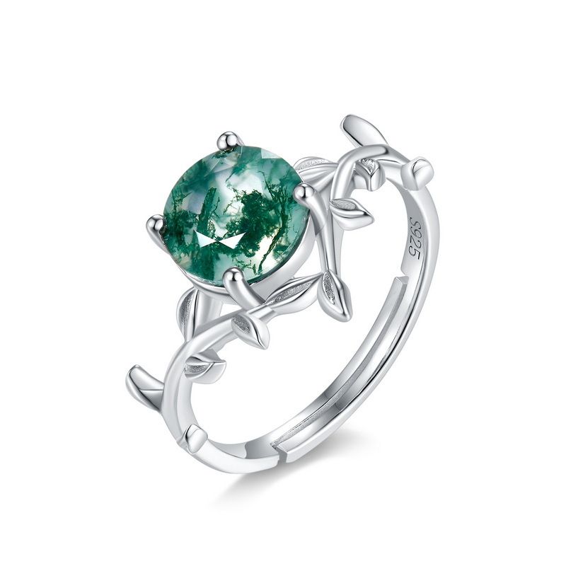 Water Grass Agate Ring Female S925 Silver Natural Green Moss Open Finger Ring Retro_ipsvogv.com