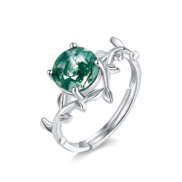 Water Grass Agate Ring Female S925 Silver Natural Green Moss Open Finger Ring Retro_ipsvogv.com