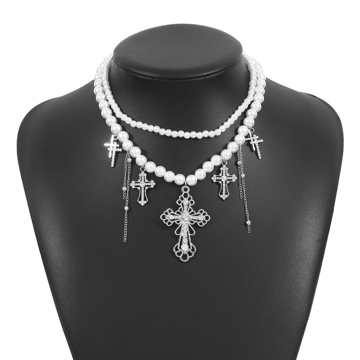 N12274 temperament niche design double-layer pearl personalized three leaf cross multi-layer necklace_ipsvogv.com