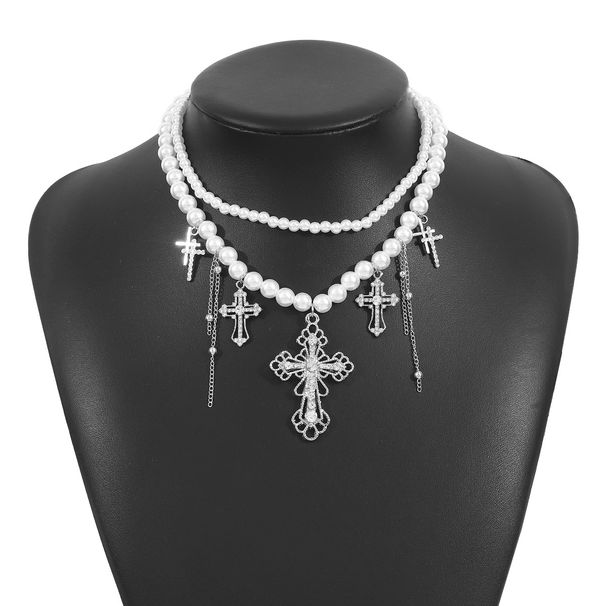 N12274 temperament niche design double-layer pearl personalized three leaf cross multi-layer necklace_ipsvogv.com