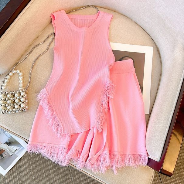 Women's Clothing Sweet and Spicy Style Top Suit Women's Pink Tassel Knitted Small Camisole + High Waist Wide Leg Casual Shorts_ipsvogv.com