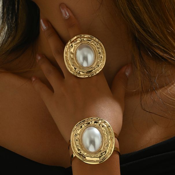 Ladies' Wind Bracelet Ring Set with Personalized Pearl Inlay, Unique Design, Open End Ring, Handmade_ipsvogv.com