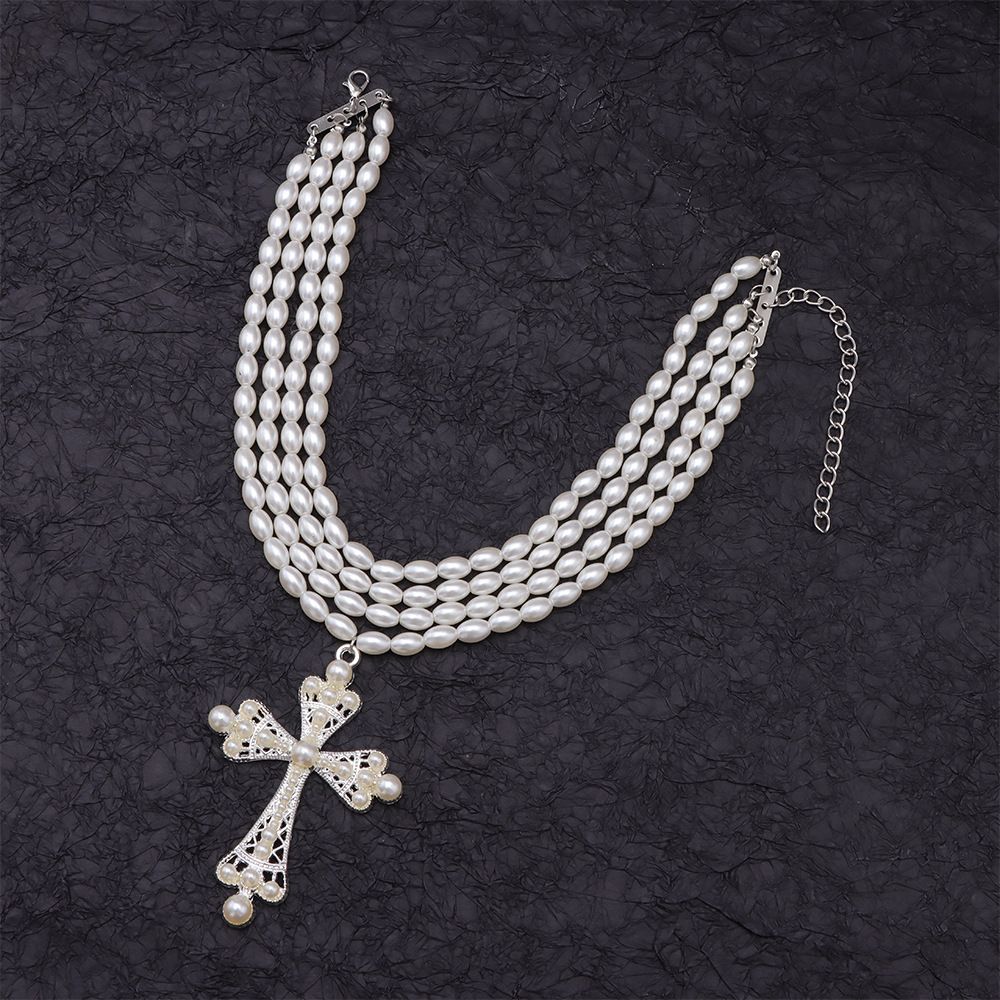 Cyberpunk Style Cross Necklace, Fashionable Exaggerated, With Micro Inlaid Pearls And Multi-layer Layered_ipsvogv.com