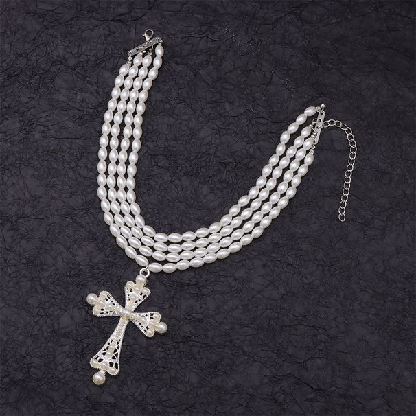 Cyberpunk Style Cross Necklace, Fashionable Exaggerated, With Micro Inlaid Pearls And Multi-layer Layered_ipsvogv.com
