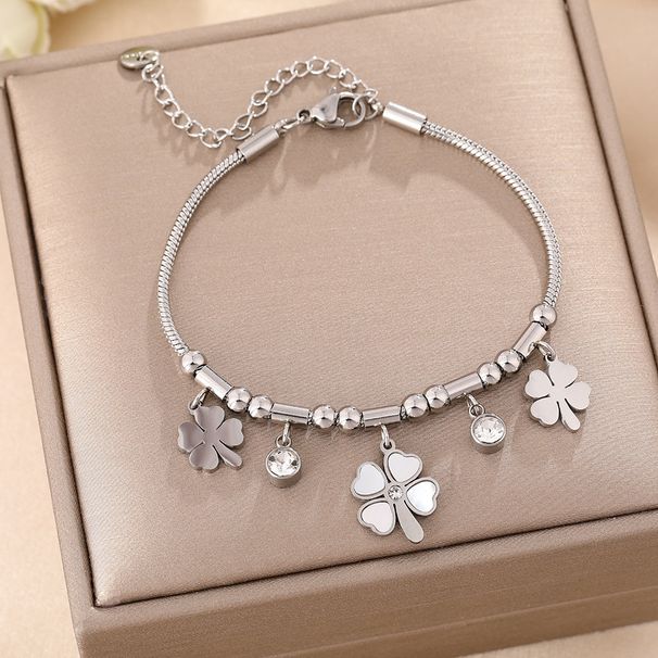 Korean Version Internet Celebrity Titanium Steel Bracelet For Women With Diamond Studded Heart, White Shell, Four Leaf_ipsvogv.com