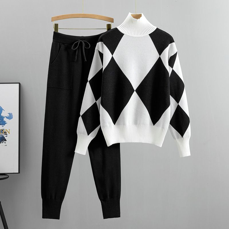 Women's Clothing Casual knitted plaid sweater two-piece set_ipsvogv.com