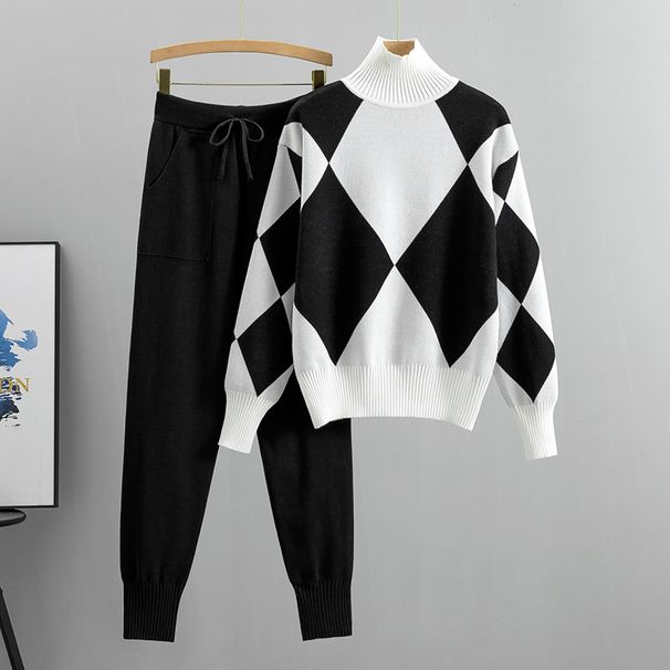 Women's Clothing Casual knitted plaid sweater two-piece set_ipsvogv.com