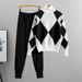 Women's Clothing Casual knitted plaid sweater two-piece set_ipsvogv.com