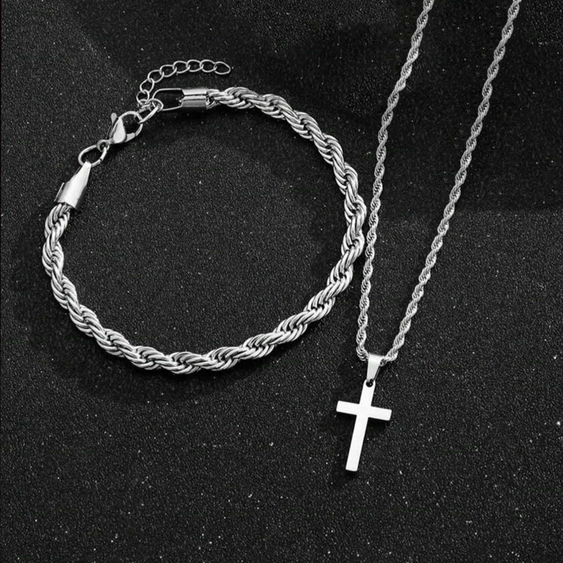 Men's Cuban hip-hop twist chain cross pendant necklace bracelet two-piece suit_ipsvogv.com