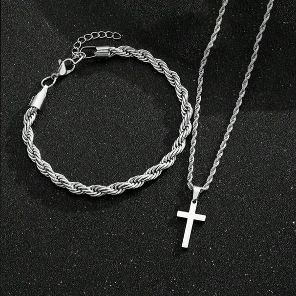 Men's Cuban hip-hop twist chain cross pendant necklace bracelet two-piece suit_ipsvogv.com