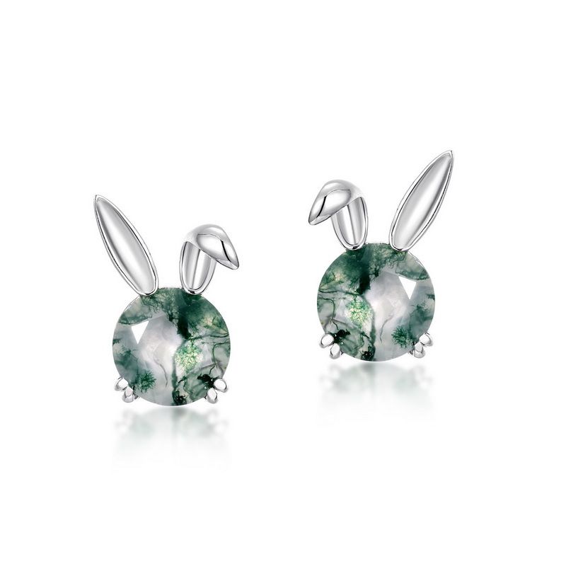 Cute Rabbit Ears Green Moss Earrings S925 Silver Inlaid Water Grass Agate Earrings_ipsvogv.com