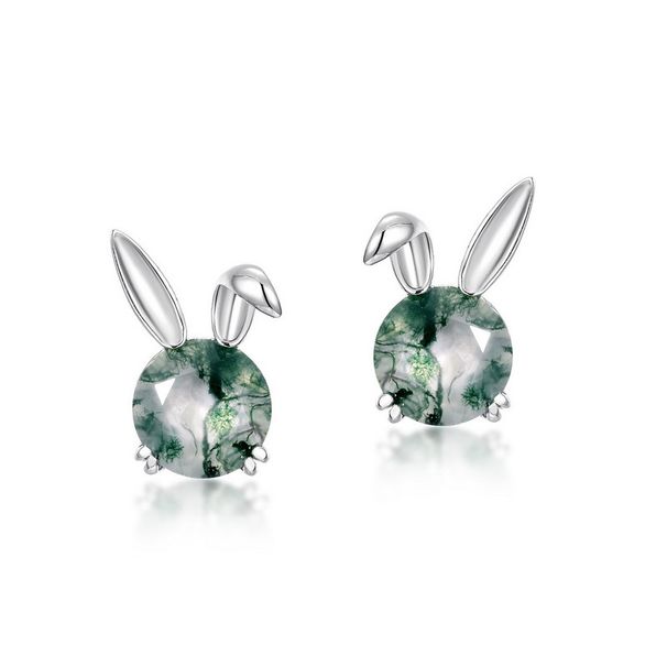 Cute Rabbit Ears Green Moss Earrings S925 Silver Inlaid Water Grass Agate Earrings_ipsvogv.com