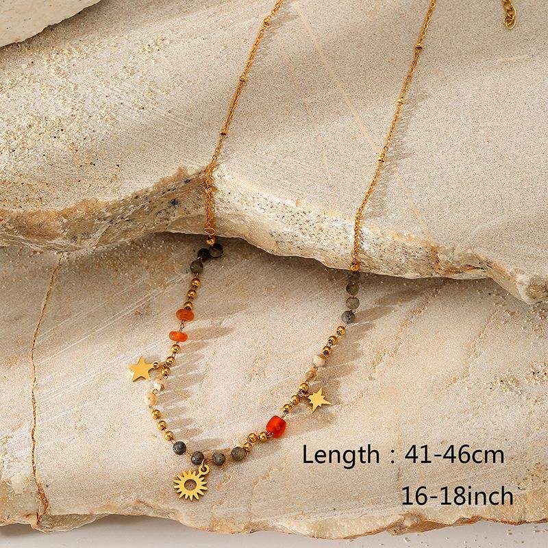 Multi-Layer Natural Stone Pendant Necklace - Star & Sun Design Gold Plated Clavicle Chain_ipsvogv.com
