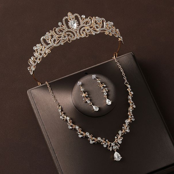 Crown headdress three piece set Baroque light luxury high end princess birthday crown bride evening dress necklace earrings_ipsvogv.com