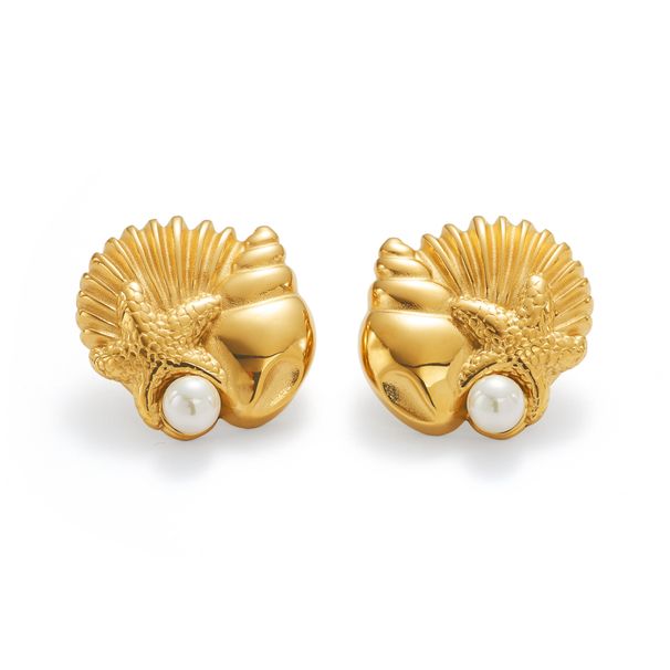 Women’s Jewelry Set Fashion Real Gold Electroplated Ocean Conch Scallop Pearl Titanium Steel Earrings_ipsvogv.com