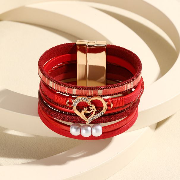 Heart Mother And Child Mother's Day Magnetic Buckle Unisex Embossed Letter Leather Pearl Bracelet Hot Sale_ipsvogv.com