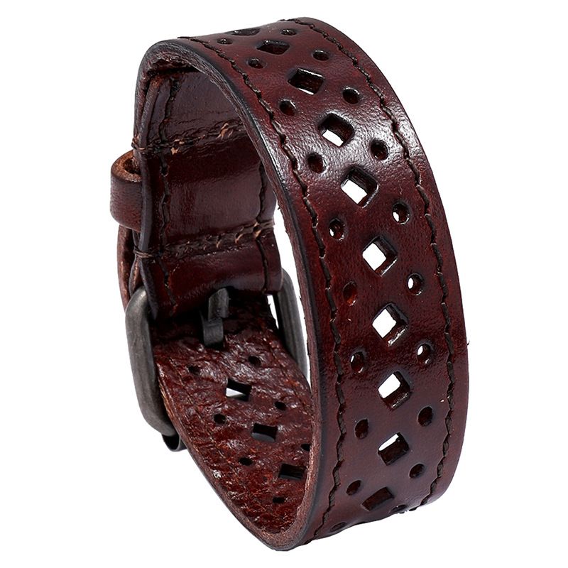 Men's Jewelry Cowhide Bracelet Retro Hollow Wide Leather Bracelet Personality Cycling Accessories_ipsvogv.com