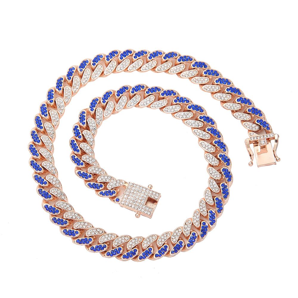 Hip Hop Niche Trendy Temperament Blue Cuban Bracelet With Diamond Inlay Men And Hiphop Gold-plated Necklace For Women_ipsvogv.com