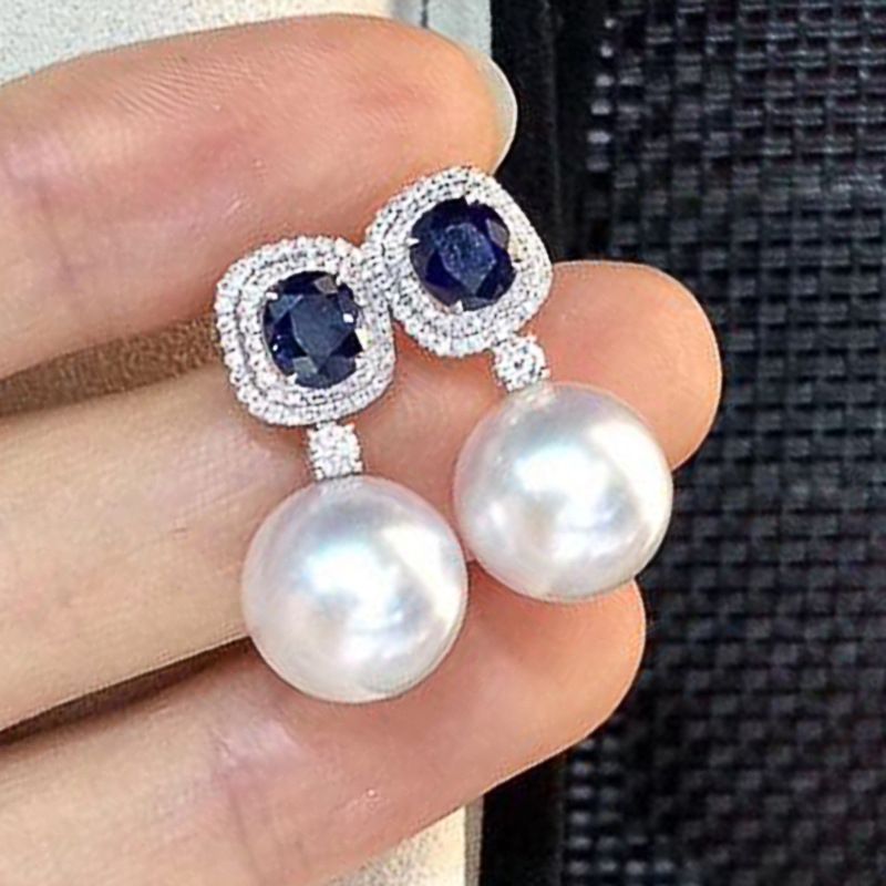 Caoshi's Popular Artificial Pearl Earrings with High Grade Feeling Inlaid Royal Blue Zircon Earrings_ipsvogv.com