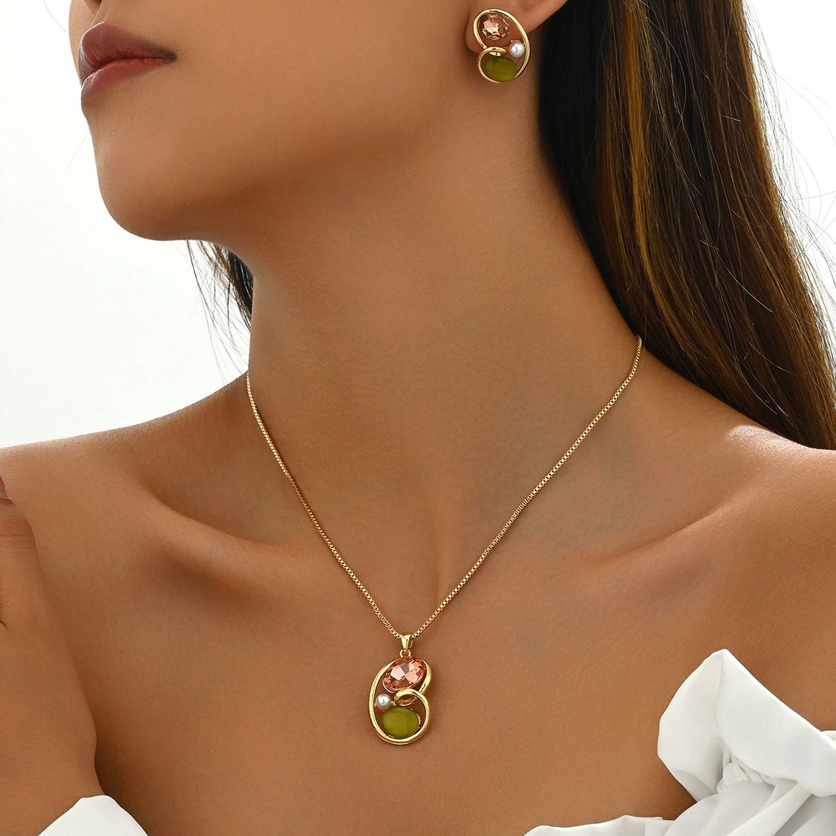 Forest Style Gemstone Necklace & Earrings Set | Korean College Jewelry | Inlaid Long Clavicle Chain For Women_ipsvogv.com