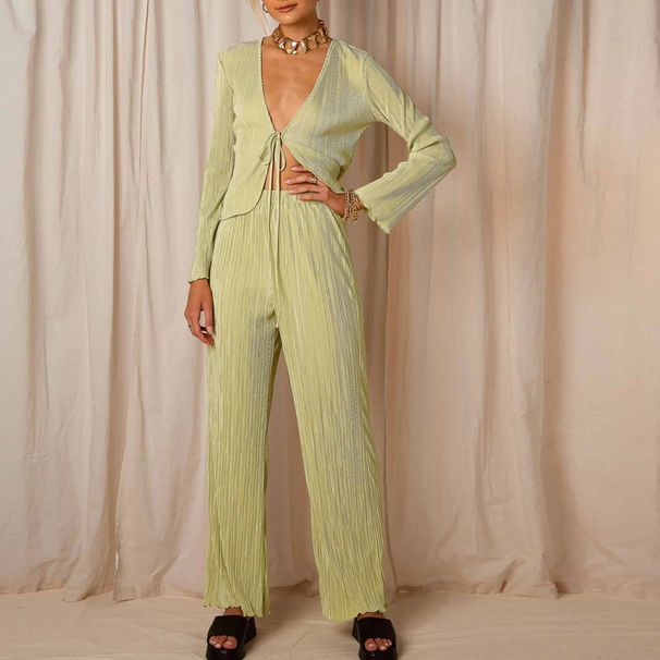 Women's fashion sexy deep V cardigan long sleeve pajamas two-piece set_ipsvogv.com