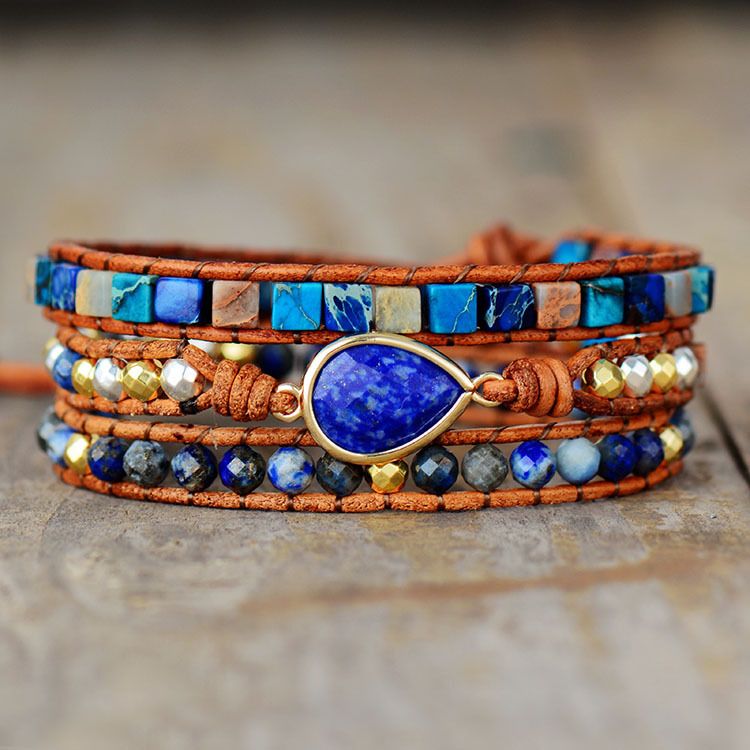 Popular Elements Hot Selling Blue Gold Emperor Stone Multi-layer Winding Woven Cowhide Rope Bracelet_ipsvogv.com
