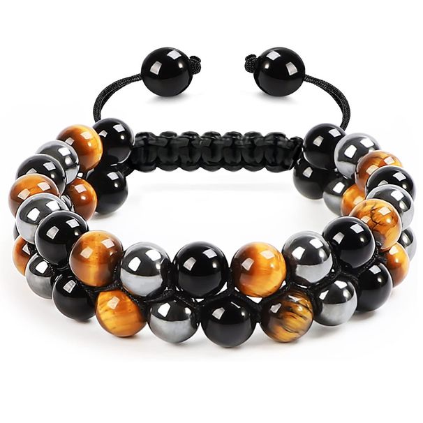 Natural Tiger Eye Agate For Men, Adjustable Woven Black Magnetic Yoga Beaded Bracelet_ipsvogv.com