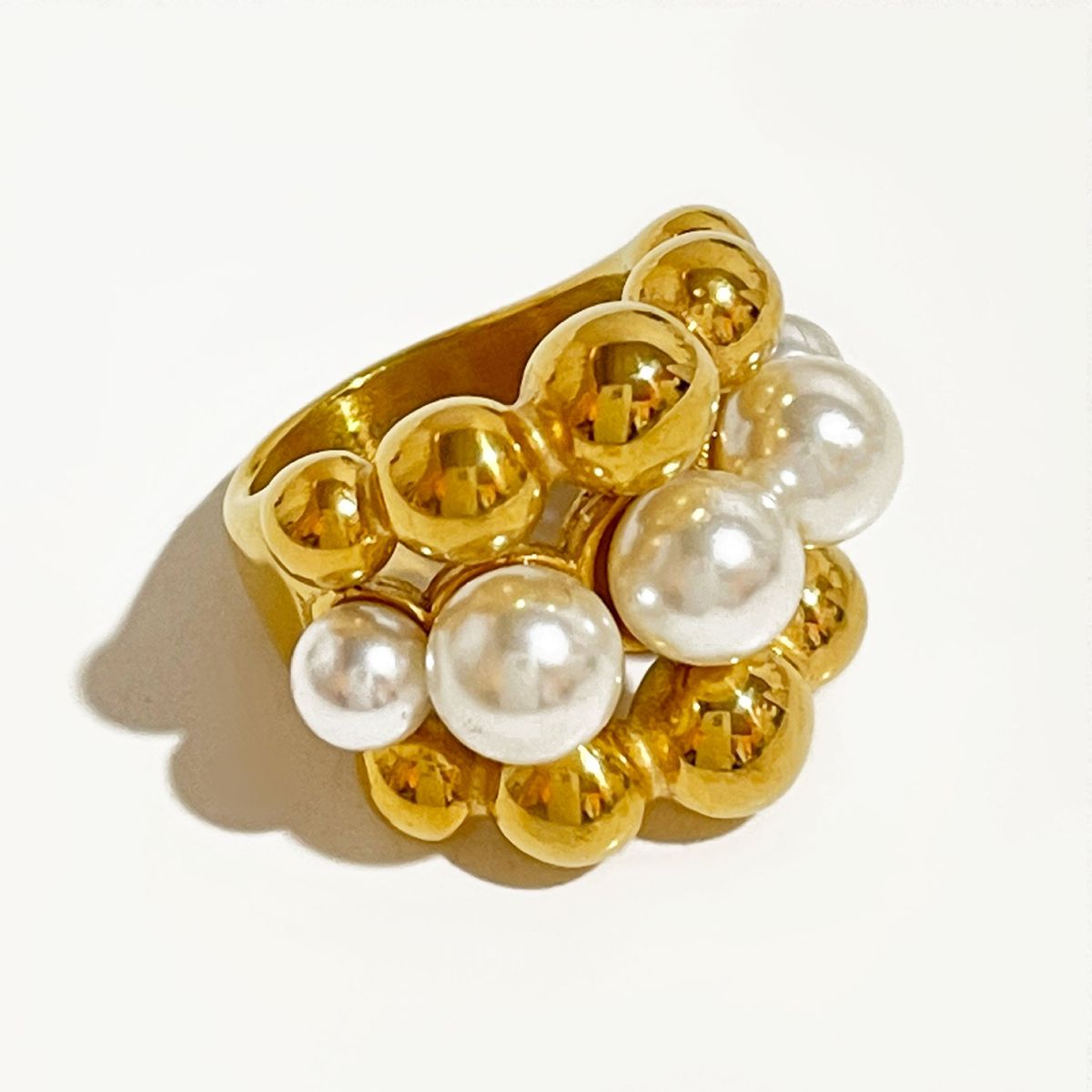 Exaggerated High-end Style Multi-layer Bead Stainless Steel With Feminine Temperament And Pearl Inlaid Ring For Women_ipsvogv.com