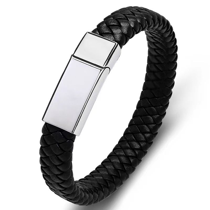 Men's DIY Engraved Leather Fashionable Bold Father's Day Stainless Steel Woven Bracelet Jewelry_ipsvogv.com