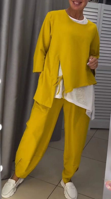 Women's Clothing 2024 summer new solid color round neck irregular casual long sleeved trousers suit for women_ipsvogv.com